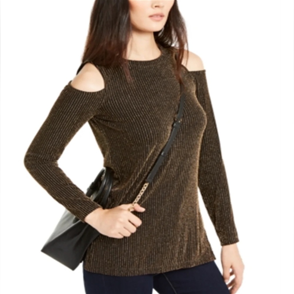 NWT l Michael Kors Black Gold Shimmer Long Sleeve Cold Shoulder Tunic Top Size L